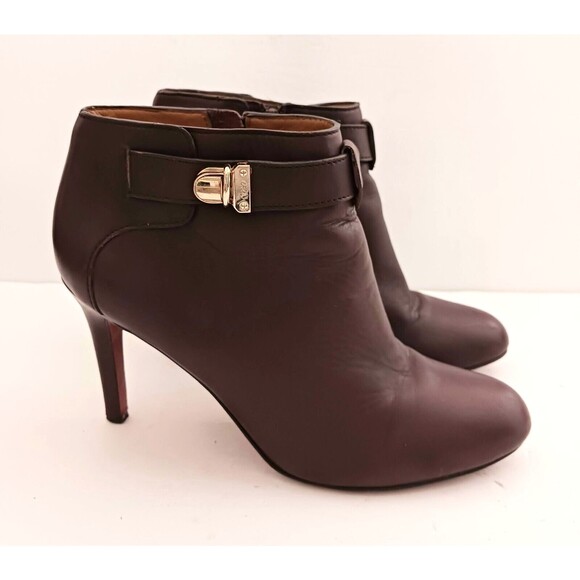 Coach Sondra Choc Brown Leather Heeled Bootie Gold Logo Buckle Strap Side Zip 9M - Picture 2 of 12